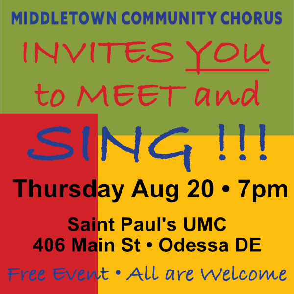 Meet & Sing invite, 8/20/26 7pm, St Paul's UMC Odessa DE